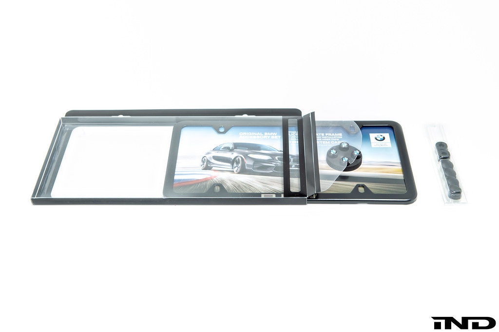 BMW Laser Slimline License Plate Frame with BMW Roundel Valve Stem Caps - Satin Black