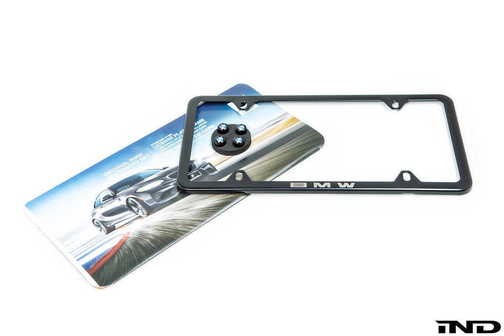 BMW Laser Slimline License Plate Frame with BMW Roundel Valve Stem Caps - Satin Black