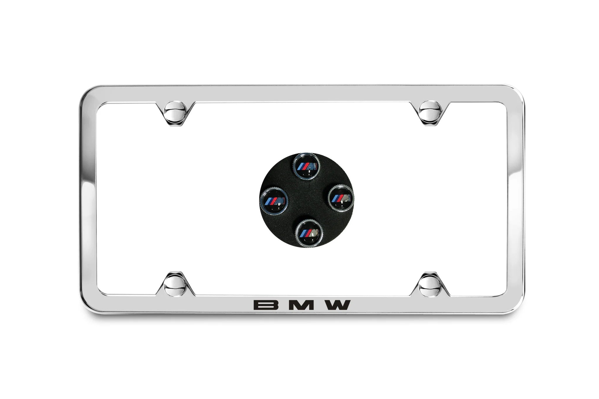BMW Laser Slimline License Plate Frame with M Logo Valve Stem Caps - Polished Silver