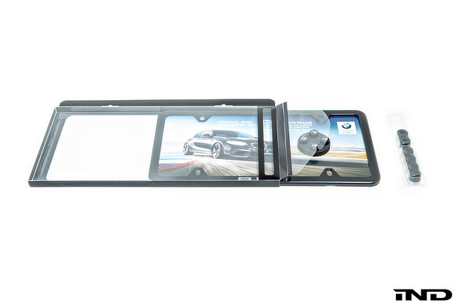 BMW black slimline license plate frame and black m logo valve stem caps - iND Distribution