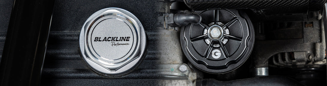 Goldenwrench Heritage Motorsport BMW engine bay featuring billet oil cap and oil filter cap installed on inline-6 engine showcasing OEM+ upgrade styling