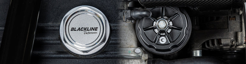 Goldenwrench Heritage Motorsport BMW engine bay featuring billet oil cap and oil filter cap installed on inline-6 engine showcasing OEM+ upgrade styling