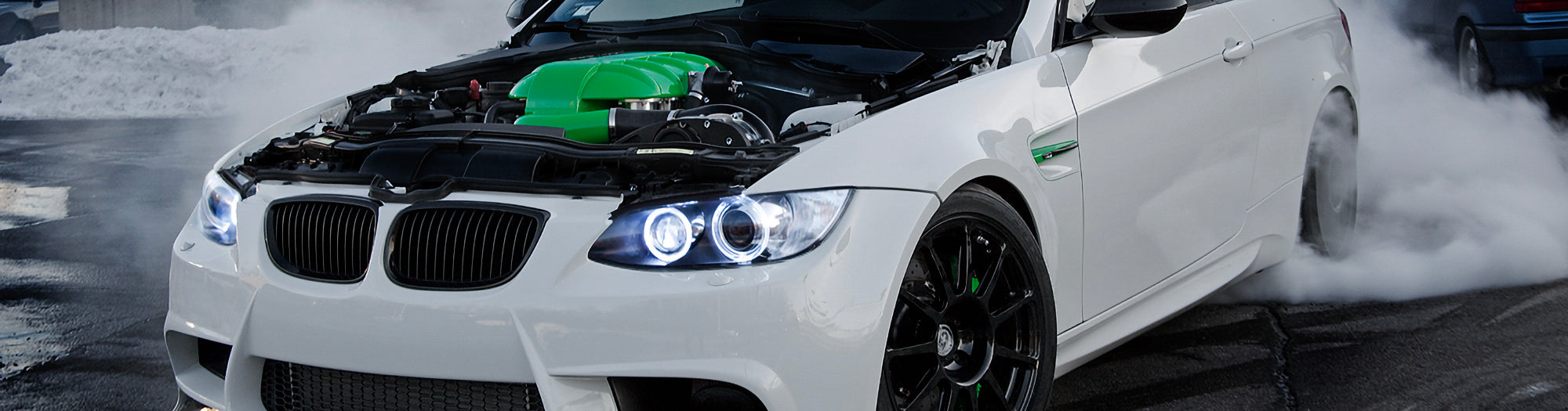 IND Green Hell BMW E92 M3 burnout with hood removed showing RS Green ESS supercharger plenum and track-focused build details
