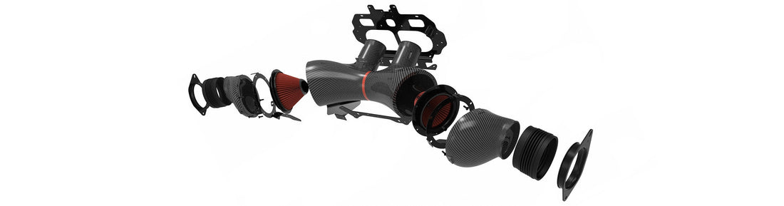 Eventuri C8 Z06 intake CAD rendering showing the engineered carbon fiber housing design, airflow path development, and intake component layout.