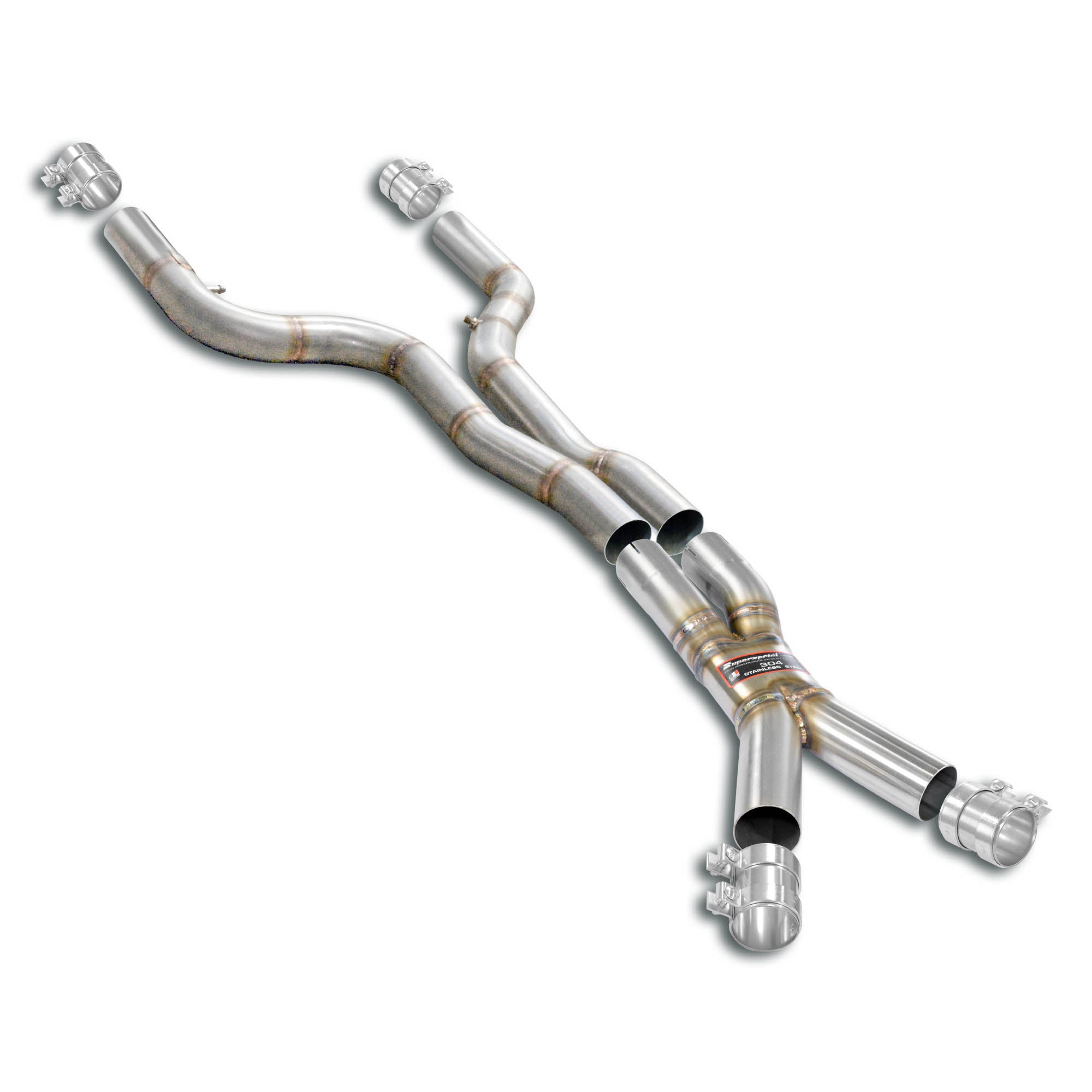 Supersprint BMW G8X M3 M4 exhaust X-pipe with twin pipes and resonator delete, designed for OEM muffler upgrade.