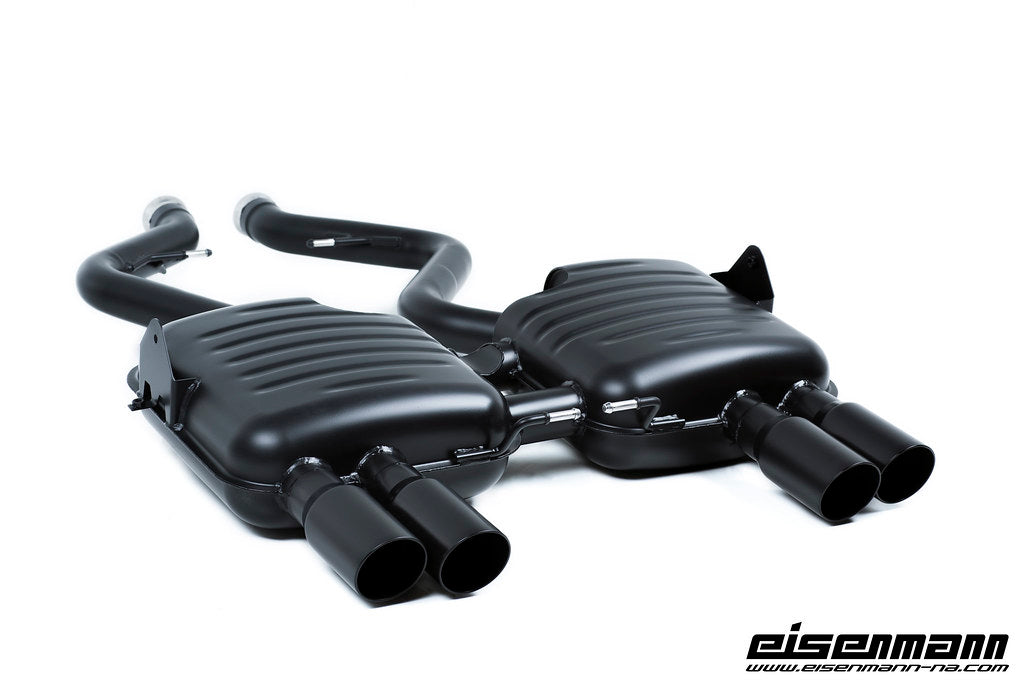 Eisenmann E92/E93 M3 performance exhaust system with polished stainless steel mufflers and dual exhaust tips.