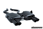 Eisenmann E92/E93 M3 performance exhaust system with polished stainless steel mufflers and dual exhaust tips.