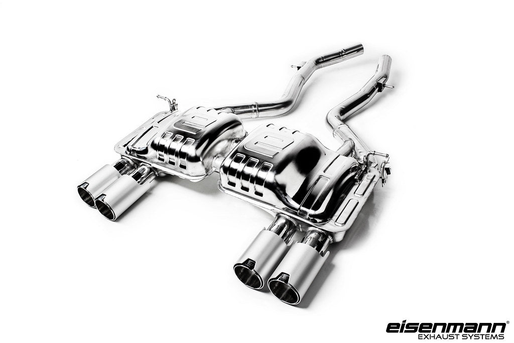 Eisenmann F8X M3/M4 performance exhaust system with valves, showcasing the polished exhaust tips and sleek design.