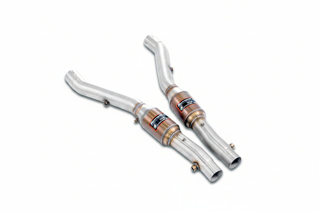 Supersprint catted front pipe set for BMW E39 M5, 540i, E38 740i exhaust system, showing the metal pipes and catalytic converters.