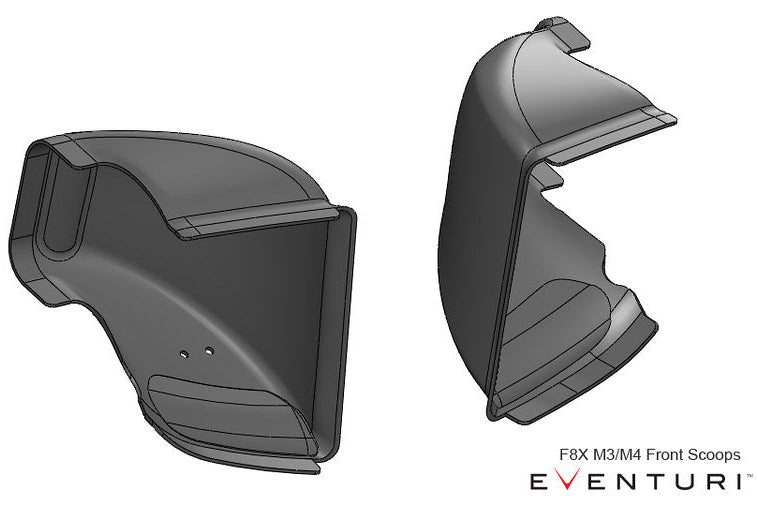 Eventuri BMW F8X M3 M4 black carbon air scoop set for performance enhancement, showing detailed carbon fiber scoops.