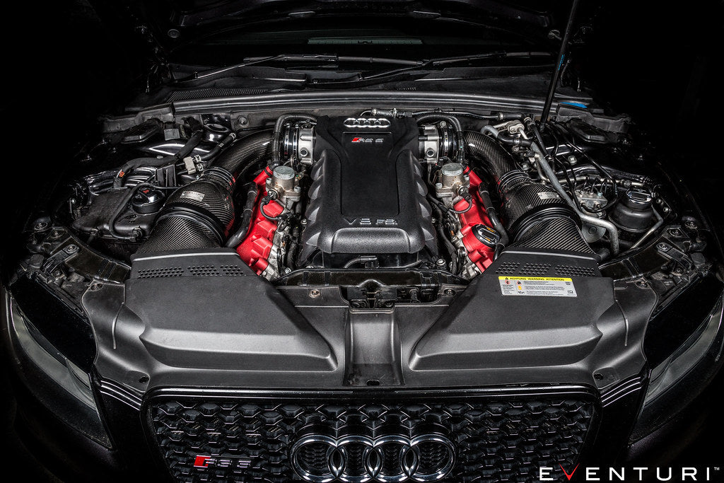 Eventuri black carbon intake system for Audi B8 RS4/RS5, showcasing sleek design and performance-enhancing features.