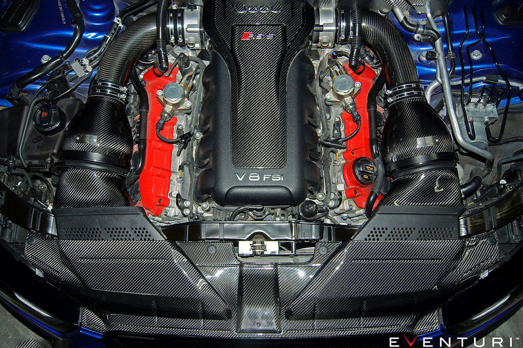 Eventuri black carbon slam panel cover for Audi B8 RS5 facelift, performance car engine bay accessory with sleek finish