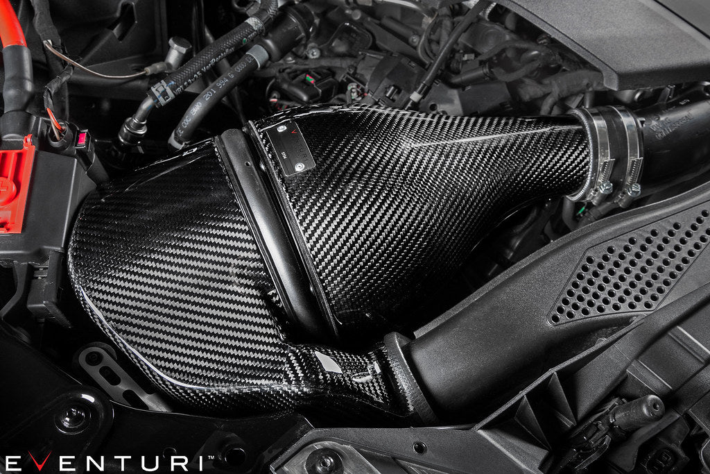 Eventuri Audi B9 S4/S5 black carbon performance intake system with sleek design and premium finish for enhanced engine airflow.