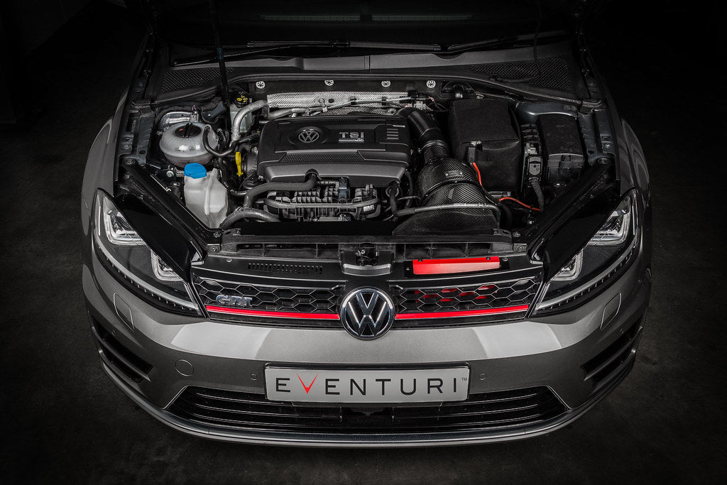 Eventuri VAG 2.0TFSI carbon intake for performance upgrades, featuring black carbon fiber with visible air inlet openings.