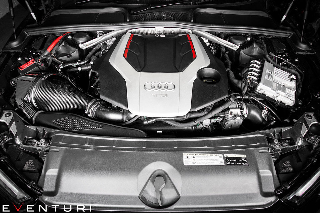 Eventuri black carbon intake system for Audi B9 S4 and S5, performance air intake with sleek carbon fiber finish.