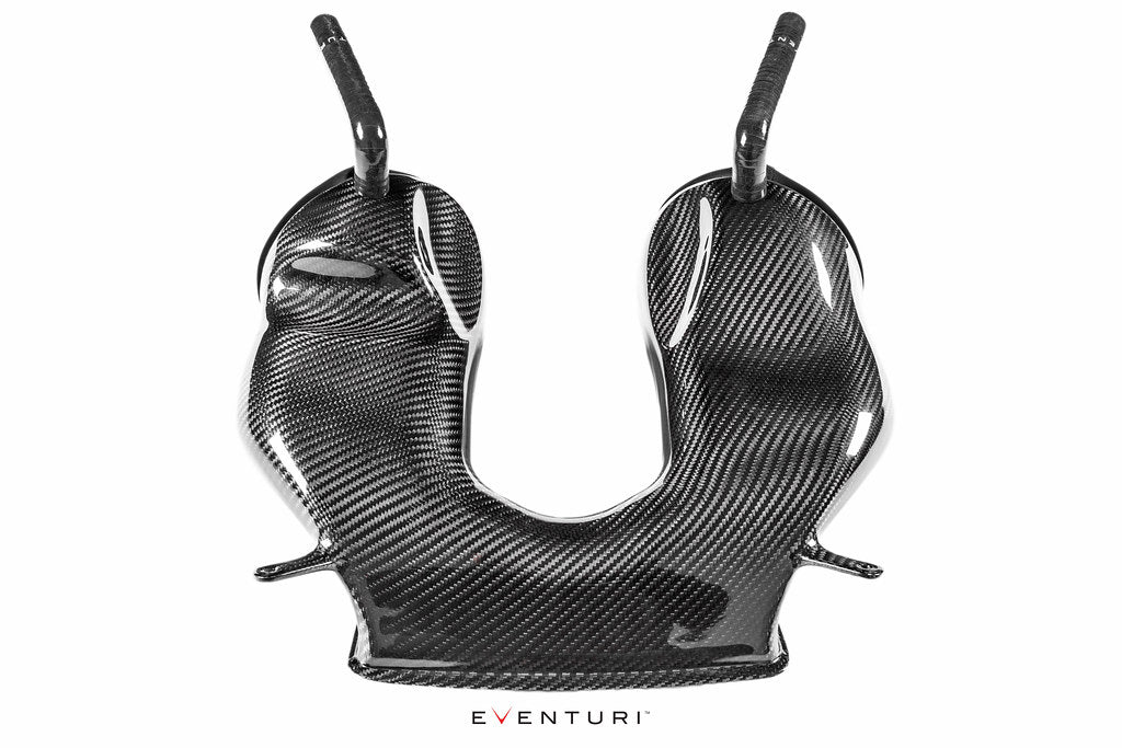 Eventuri black carbon intake system for Porsche 991 Turbo and Turbo S, showcasing sleek performance air intake with carbon fiber finish.