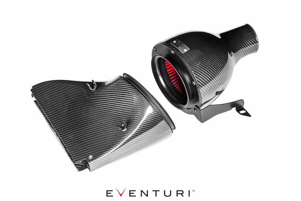 Eventuri VAG 2.0TFSI carbon intake system with performance air filters, showcasing sleek black carbon fiber construction.