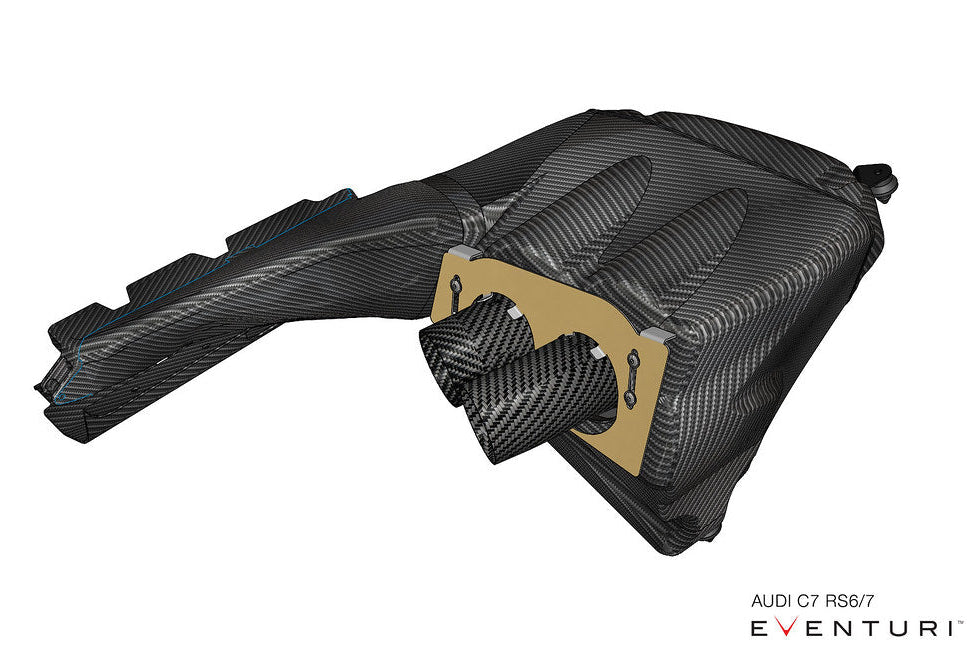 Eventuri black carbon intake system for Audi C7 RS6/RS7, showcasing sleek design and performance-focused features.