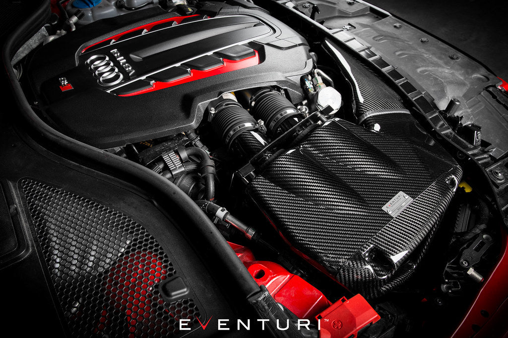 Eventuri black carbon intake system for Audi C7 RS6/RS7 showcasing sleek design and performance engineering.