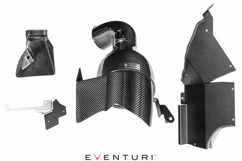 Eventuri BMW F-Chassis B58 black carbon intake system showcasing sleek design and performance features.