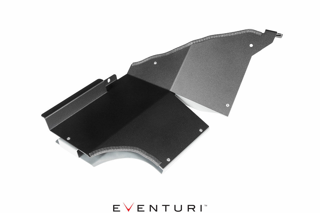 Eventuri BMW F-Chassis B58 black carbon intake system with sleek aerodynamic design and high-performance air filters.