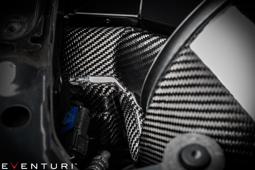 Eventuri N55 sealed carbon duct for V1 intake system, performance automotive component with sleek black carbon fiber finish.