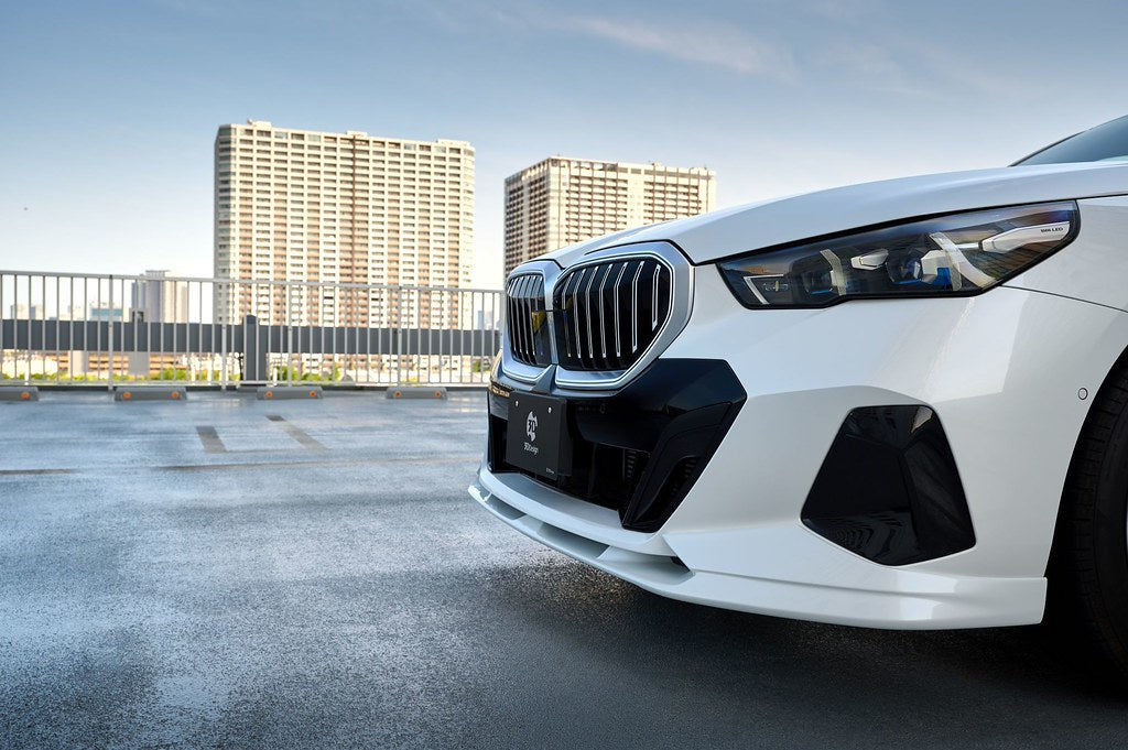 3D Design urethane front lip spoiler installed on a BMW G60 G61 5-Series and i5 M60 M Sport featuring OEM+ styling and factory-quality fitment