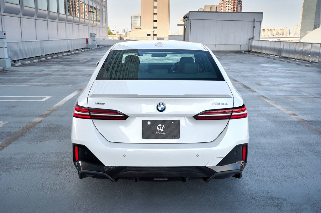 3D Design urethane trunk spoiler installed on a BMW G90 M5 and G60 5-Series sedan featuring OEM+ styling and factory-quality fitment