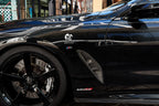 BMW G14 G15 G16 8-Series 3D Design carbon fiber side vents for exterior enhancement, shown installed on vehicle with OEM fitment.