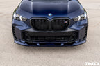 3D Design G05 X5 LCI front lip spoiler painted and installed on vehicle, enhancing exterior sporty appearance.