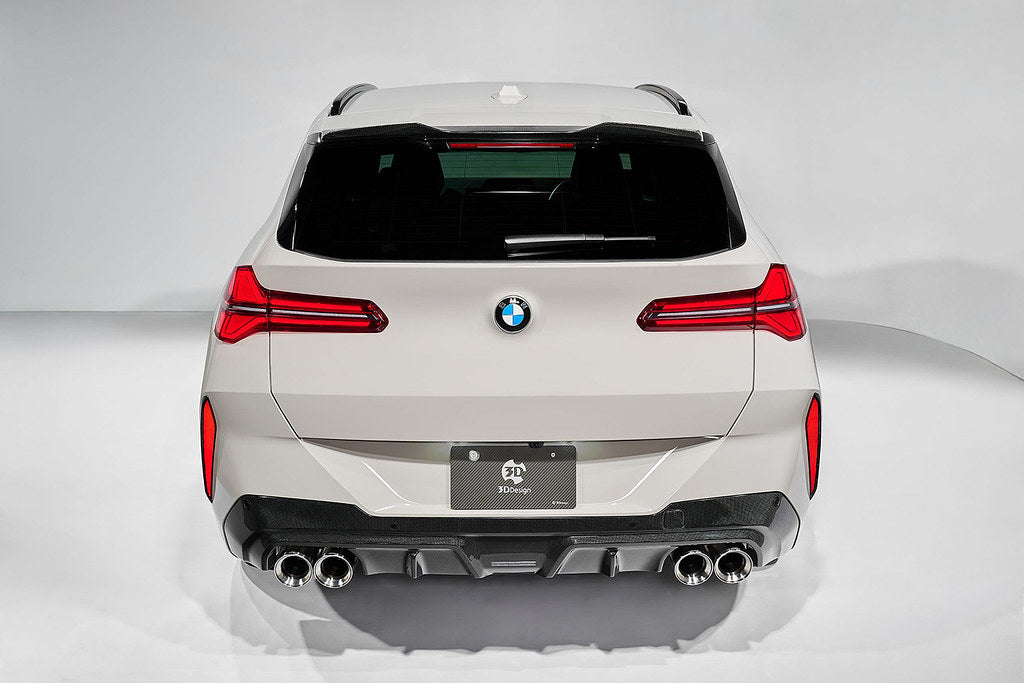 3D Design G45 X3 M50 stainless steel exhaust tips installed on vehicle side view, showcasing sleek automotive exhaust upgrade.