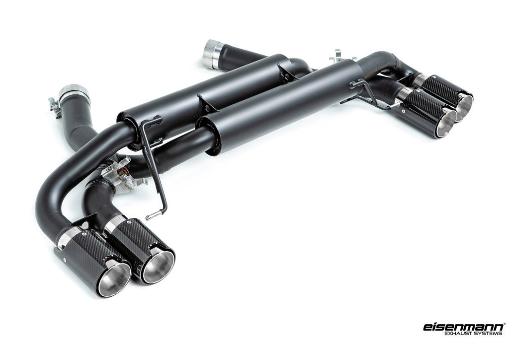 Eisenmann F90 M5 performance exhaust system with valves, showing polished exhaust tips and piping for BMW F90 M5.