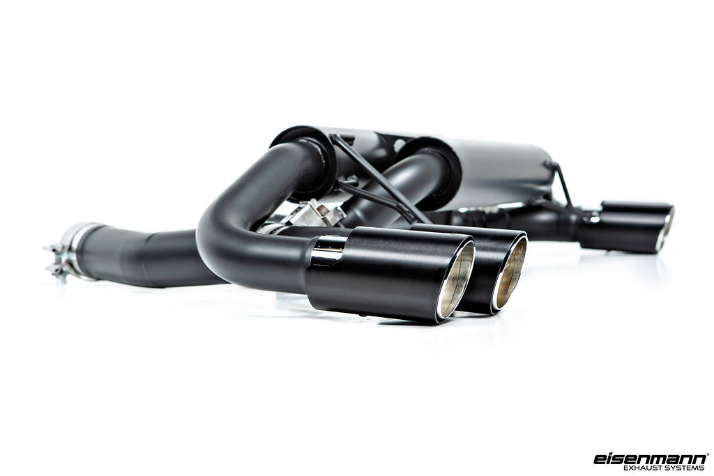 Eisenmann F90 M5 performance exhaust system with valves, showcasing polished exhaust tips and piping on a black background.