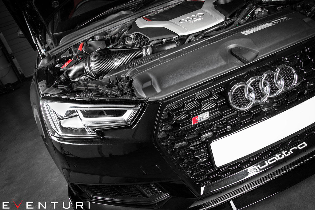 Eventuri black carbon intake system for Audi B9 S4 and S5, performance engine upgrade with sleek, high-quality materials