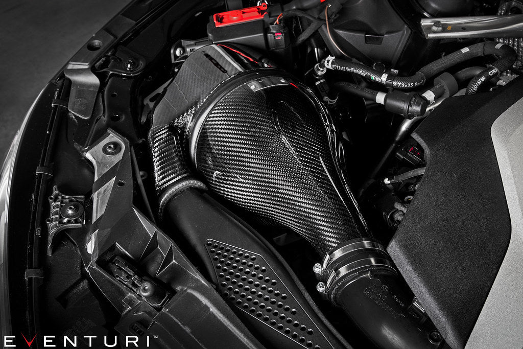 Eventuri black carbon intake system for Audi B9 S4 and S5, performance car engine upgrade with sleek design and high-quality materials.