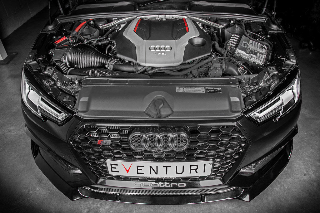 Eventuri black carbon intake system for Audi B9 S4 and S5, performance air intake with sleek carbon fiber design.