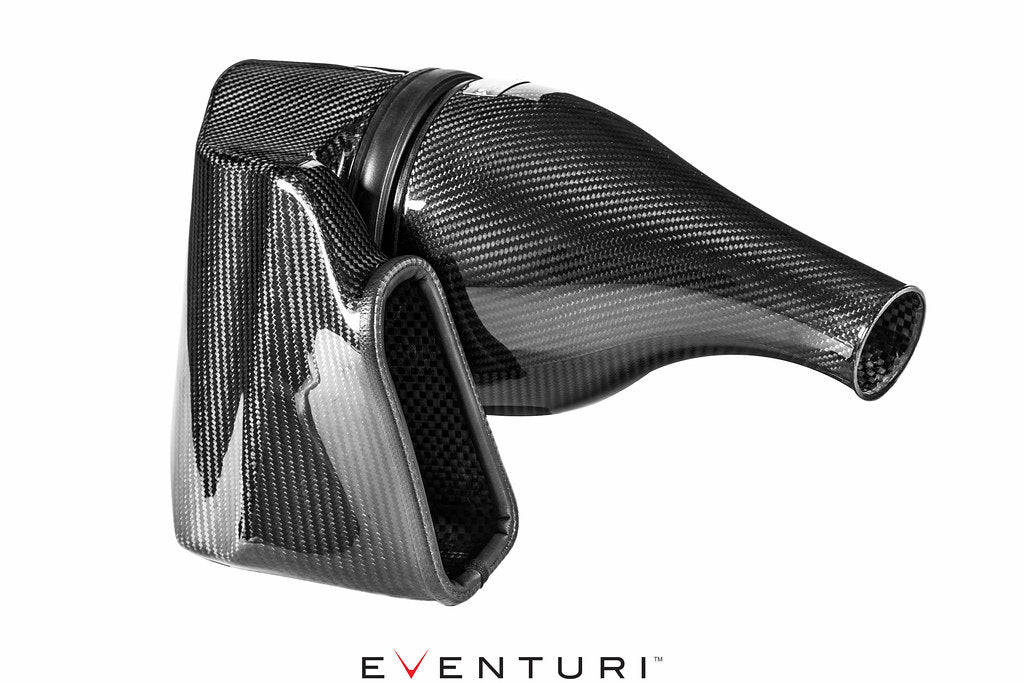 Eventuri black carbon intake system for Audi B9 S4 and S5, showcasing performance air intake with sleek carbon fiber design.