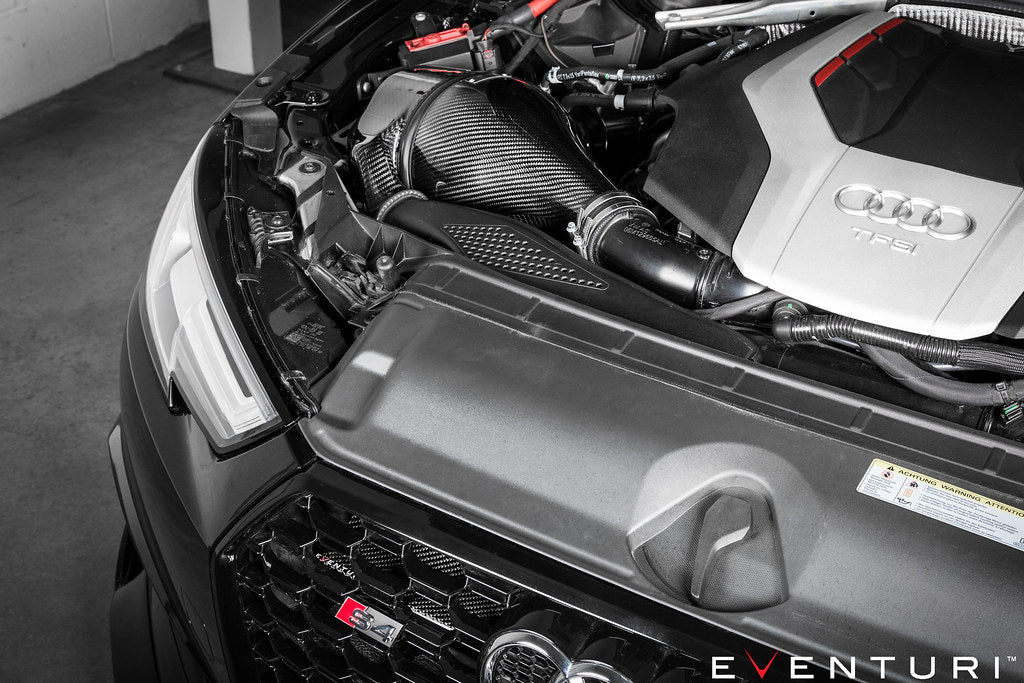 Eventuri black carbon intake system for Audi B9 S4 and S5, performance upgrade with sleek, high-quality carbon fiber construction.