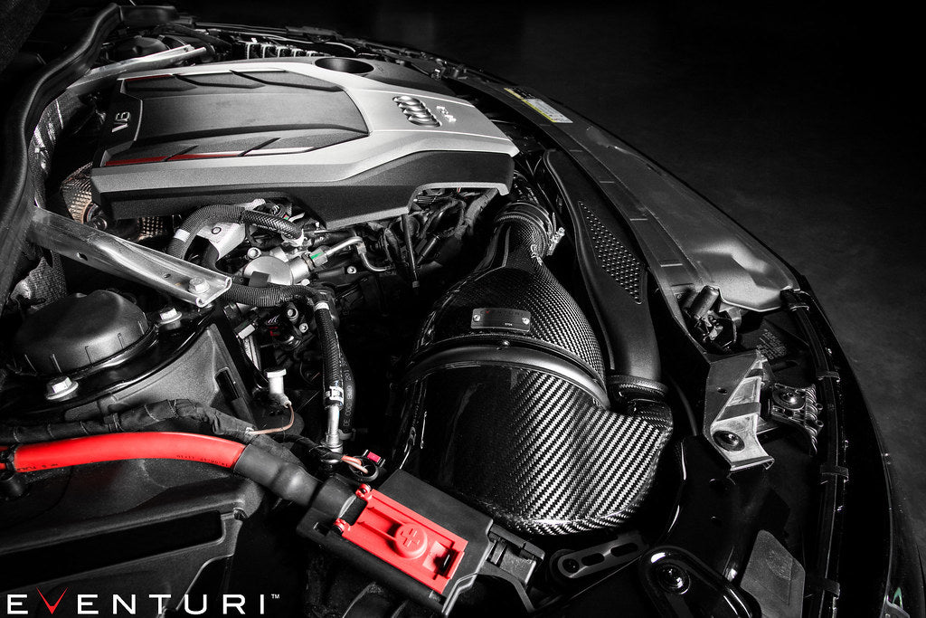 Eventuri black carbon intake system for Audi B9 S4 and S5, performance upgrade with sleek, high-quality air intake components.