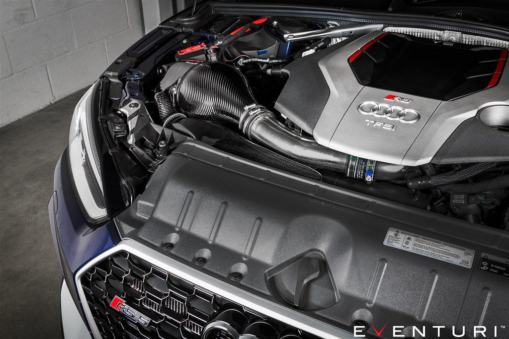 Eventuri Audi B9 RS4 RS5 black carbon performance intake system showcasing sleek design and high-quality craftsmanship.