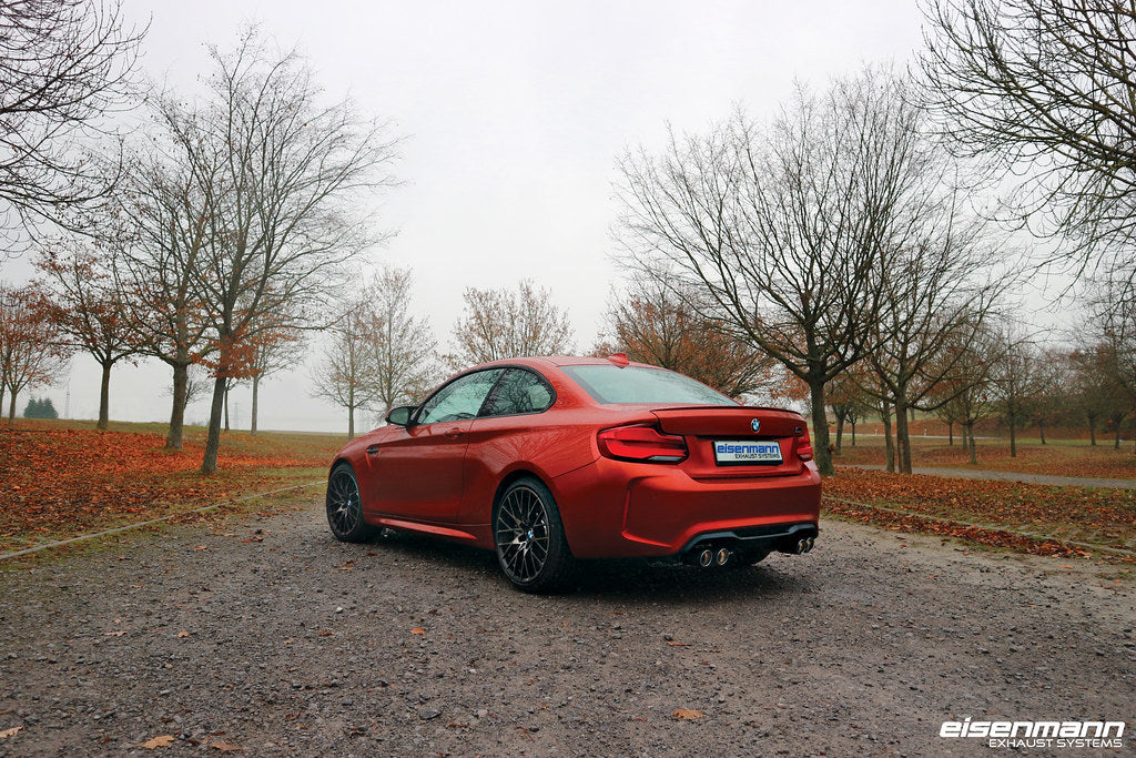 Eisenmann F87 M2 Competition performance exhaust with valves, showcasing a sleek black exhaust system on a car.