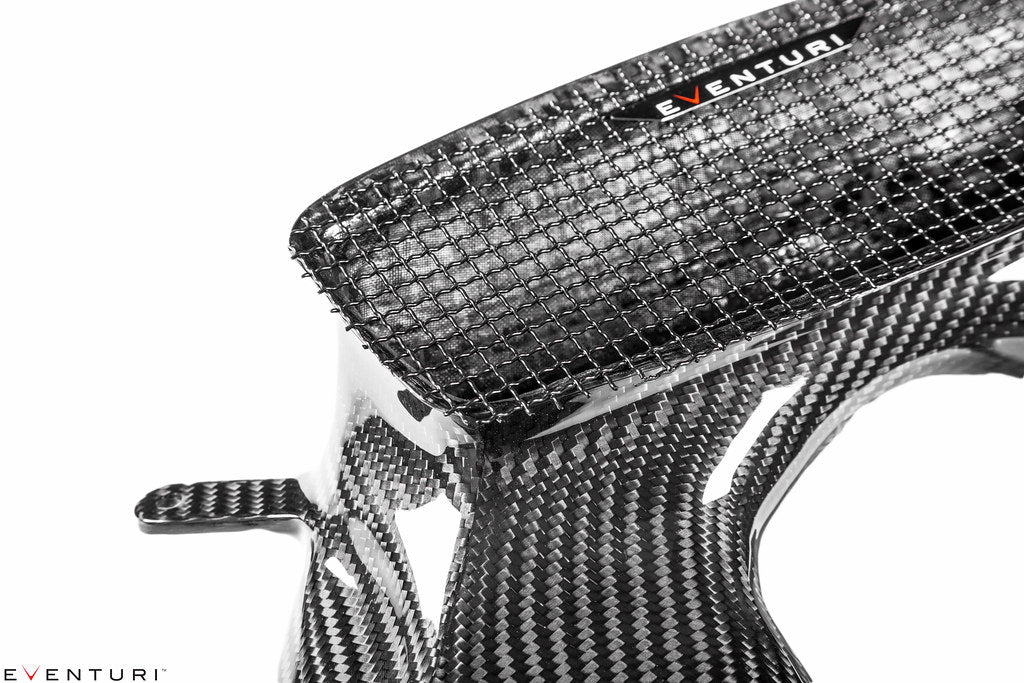 Eventuri black carbon intake system for Porsche 991 Turbo and Turbo S, showcasing high-performance engine airflow components.