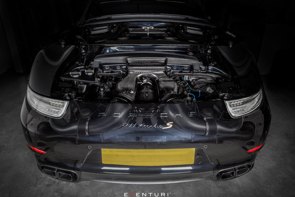 Eventuri black carbon intake system for Porsche 991 Turbo and Turbo S with sleek design and performance-enhancing features.