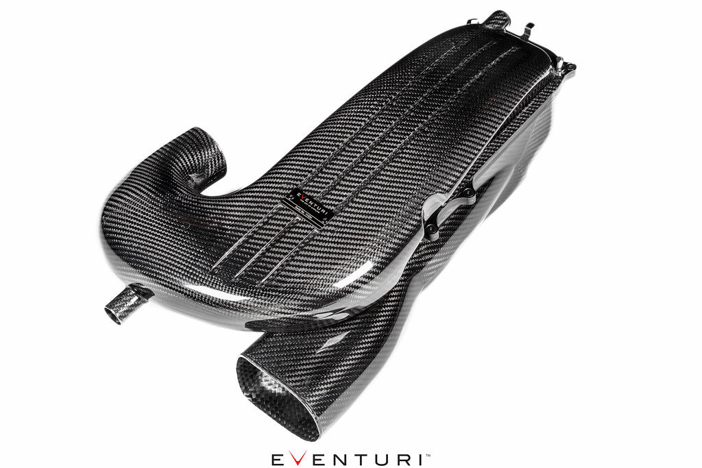 Eventuri Mercedes W205 C63 AMG Black Carbon Intake System V2 showcasing sleek carbon fiber design and performance features.