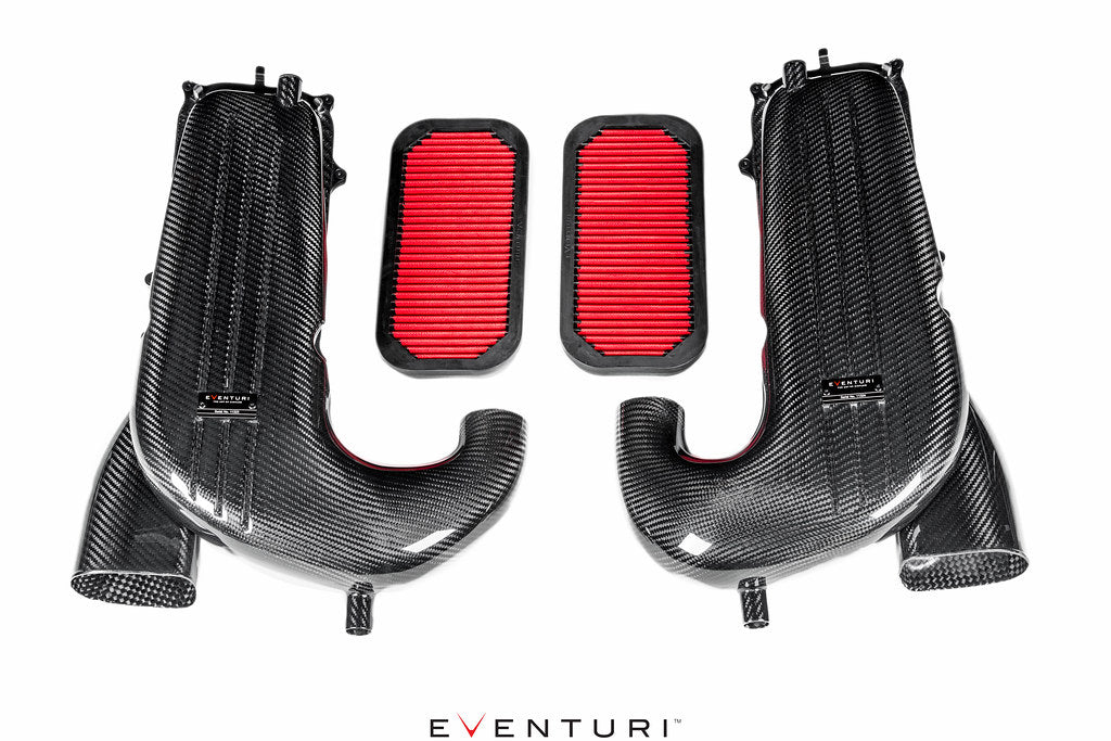 Eventuri black carbon intake system for Mercedes W205 C63/C63S AMG, showcasing sleek design and performance features.