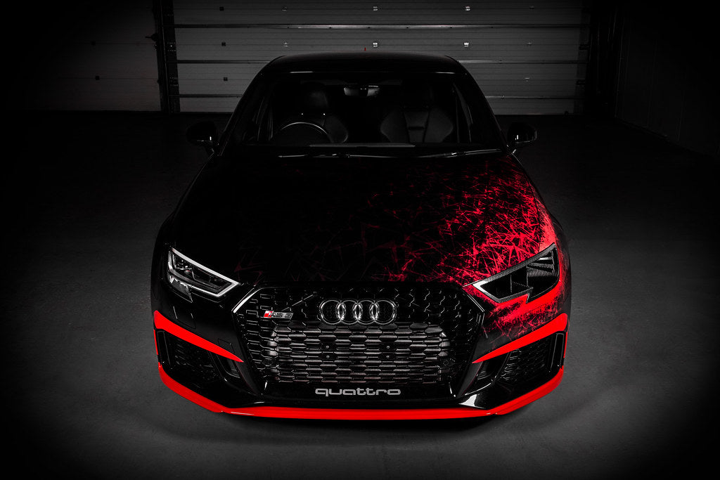 Eventuri Audi 8V Gen 2 RS3 black carbon headlamp race duct showcasing sleek design and high-performance features.