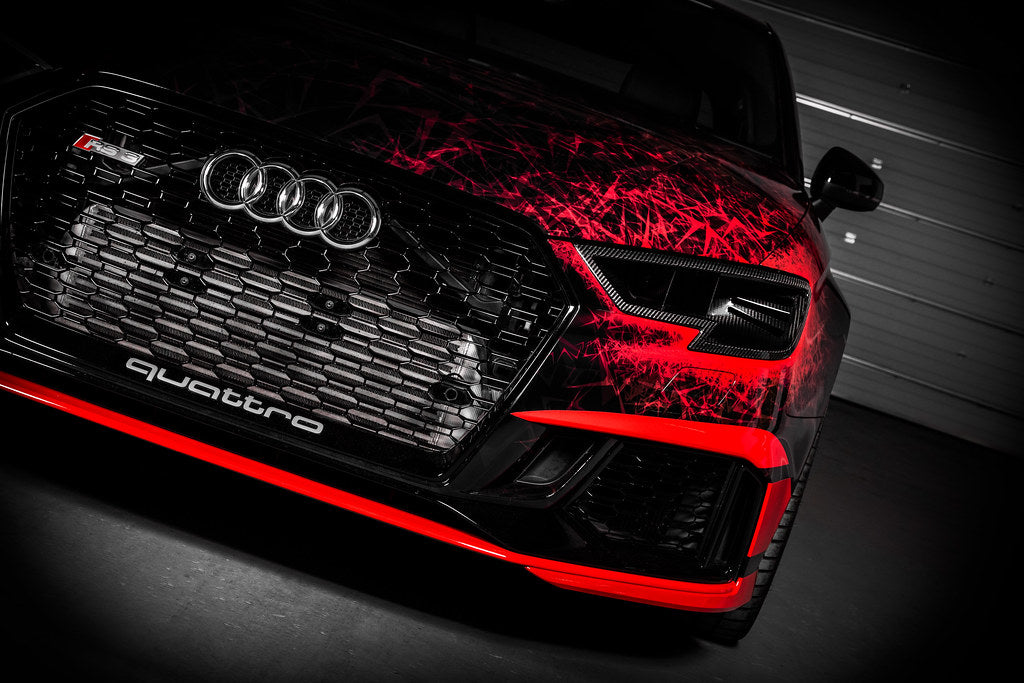 Eventuri Audi 8V Gen 2 RS3 black carbon headlamp race duct showcasing sleek design for enhanced performance.