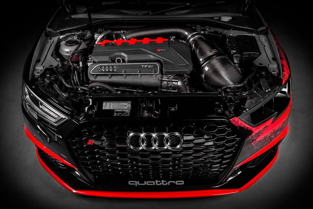 Eventuri Audi 8V Gen 2 RS3 black carbon headlamp race duct showcasing sleek design and performance features.