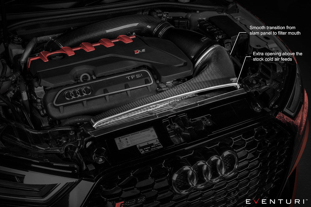 Eventuri black carbon Stage 3 intake system for Audi 8V RS3 and 8S TTRS, performance upgrade with sleek design.