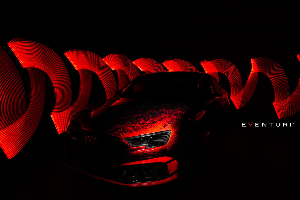 Eventuri Audi 8V Gen 2 RS3 black carbon headlamp race duct showcasing its sleek design and performance features.